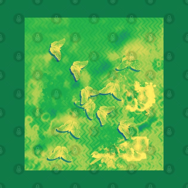 Yellow butterflies on textured green chevrons by hereswendy