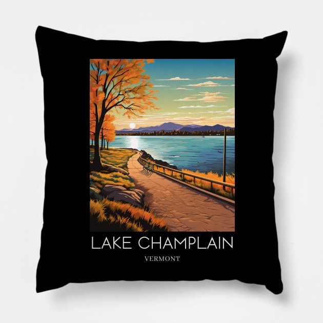 A Pop Art Travel Print of Lake Champlain - Vermont - US Pillow by Studio Red Koala
