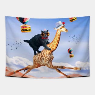 Cat Giraffe - Cat Riding Flying Giraffe with Burger Tapestry
