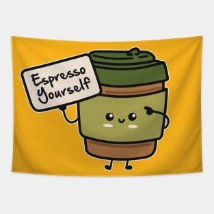 Cute Kawaii Coffee Cup - Espresso Yourself - Funny Coffee Pun Tapestry