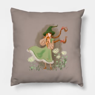 Cottage core witch with fox cubs Pillow