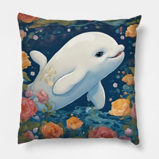 Cute Baby Dolphin Smiling And Swimming In The Ocean Pillow