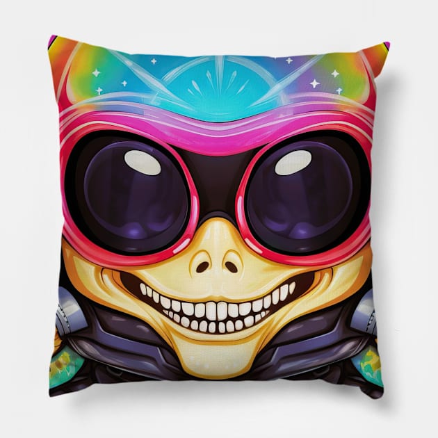 Awesome Alien Dinosaur Motorcyclist With Galaxy Helmet Gear Pillow by SubtleSplit