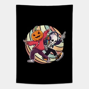 Pumpkin Man Dancing. Rainbow Skeleton Dancing. The Spooky Dance-Off Tapestry