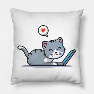 Cute Cat Working On Laptop With Coffee Cup Cartoon Vector Icon Illustration (3) Pillow