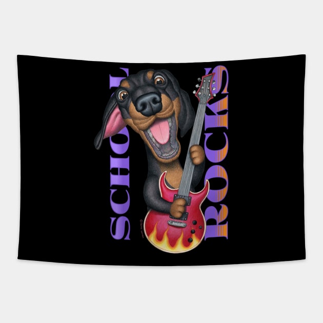 doxie funny and cute teacher School Rocks dachshund with guitar having fun Tapestry by Danny Gordon Art