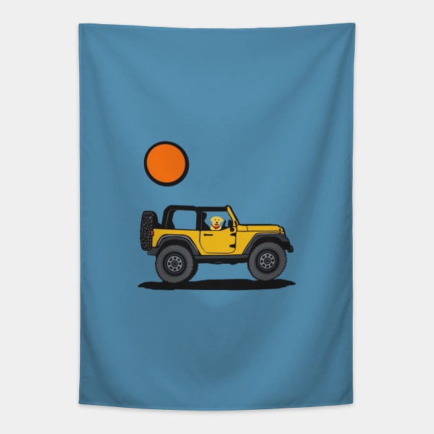 Yellow 4x4 with Dog Rider Tapestry by Trent Tides