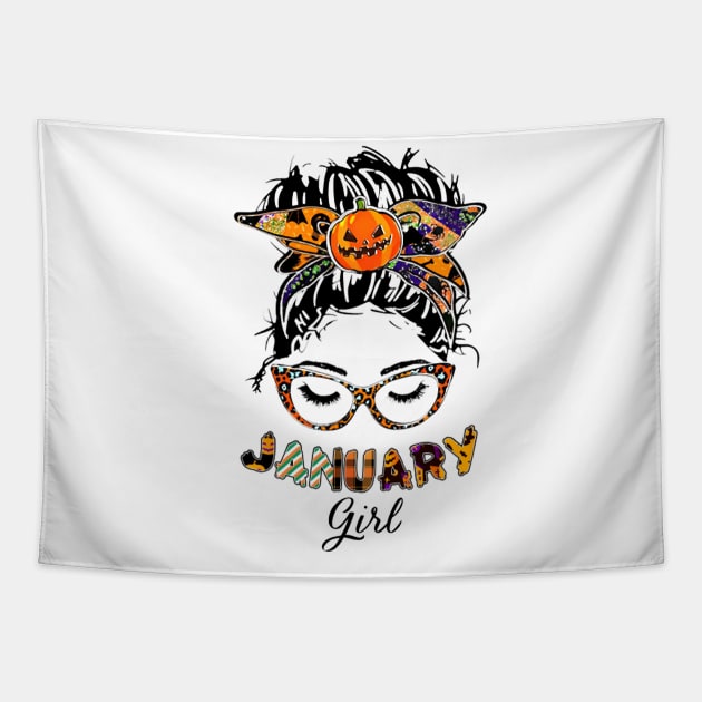 January Girl Halloween Face Wink Eyes Pumpkin Tapestry by tasmarashad