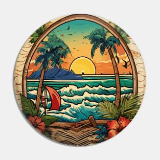 a beach scene with palm trees Pin