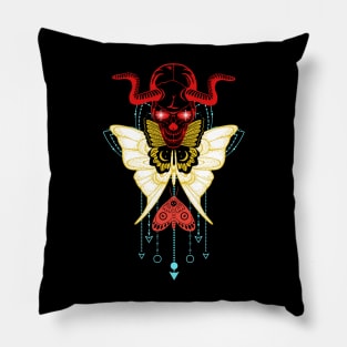 RED Horned skull with hand drawn butterfly and scared geometric symbol Pillow