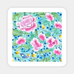 Pink chinoiserie flowers and leaves on turquoise Magnet