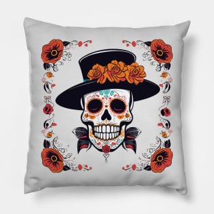 Sugar skull with top hat floral dia de los muertos halloween design Pillow