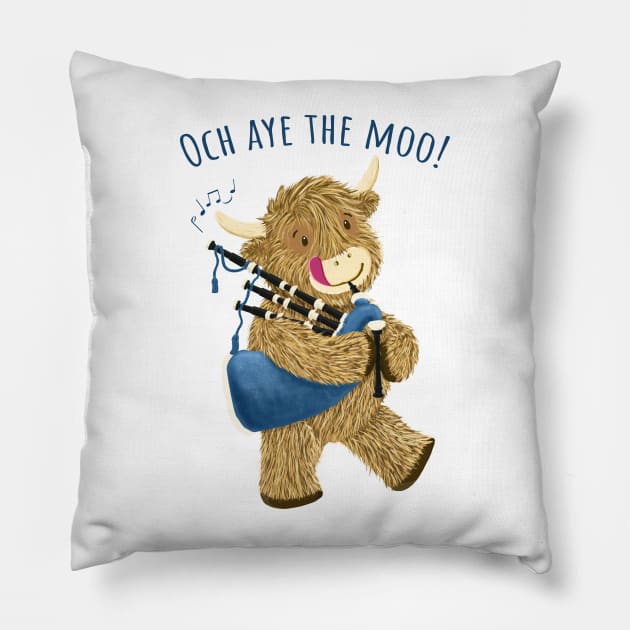 Wee Hamish Scottish Highland Cow And Bagpipes Says Och Aye The Moo! Pillow by brodyquixote