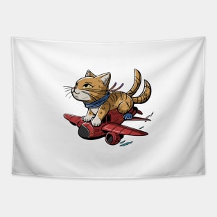 Brown Cute Cat Riding Plane Adventure Tapestry