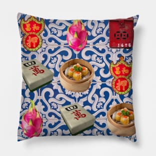 Made in Hong Kong Vintage Icons - Retro Street Style Blue Tile Pattern Pillow