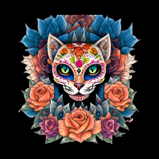 Sugar Skull Art featuring a mesmerizing Flower Skull Cat by ImaginativeInkPOD