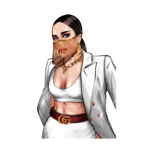 Business woman in a white jacket and a gold mask T-Shirt