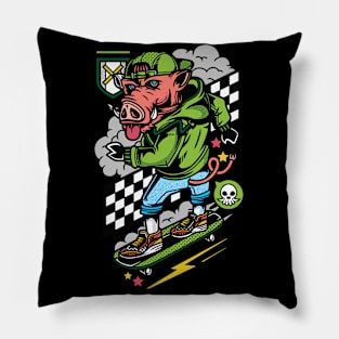 Skateboarding Boar Illustration Pillow