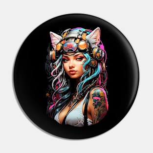 Cyberpunk futuristic girl with cat's ears anime comic Pin