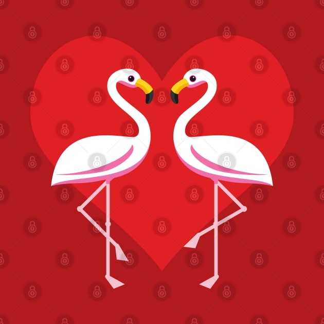 Cute White Pink Flamingos with Red Heart by BirdAtWork