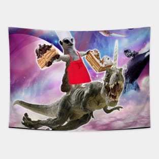 Lemur Riding Dinosaur Unicorn Eating Cake Tapestry