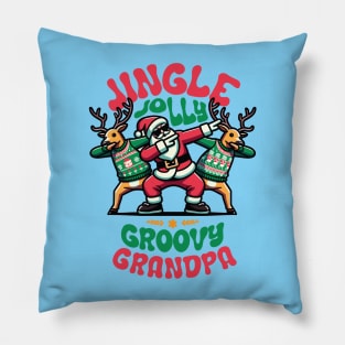 Grandpa - Holly Jingle Jolly Groovy Santa and Reindeers in Ugly Sweater Dabbing Dancing. Personalized Christmas Pillow