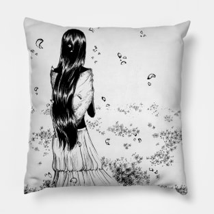 Drawing of a girl standing in the flower Pillow