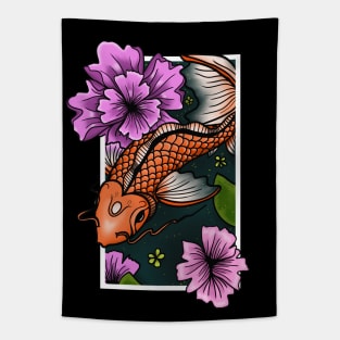 Koi Fish Swimming Through Water and Flowers Tapestry