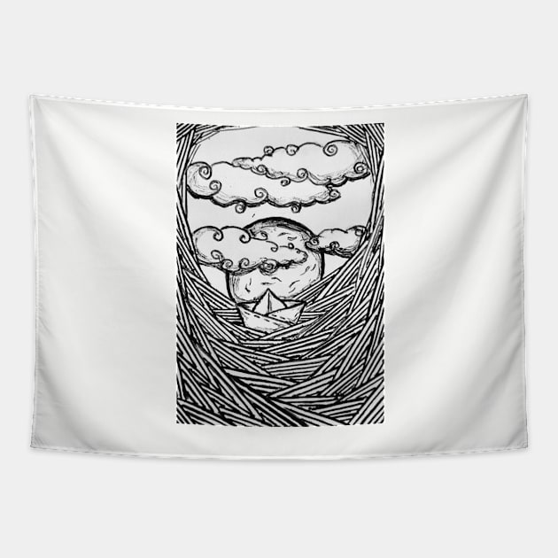 Aesthetic Lineart Seascape Tapestry by TheHermitCrab