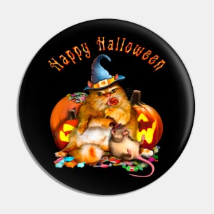 Happy Halloween Cat and Rat are eating sweets among pumpkins Pin