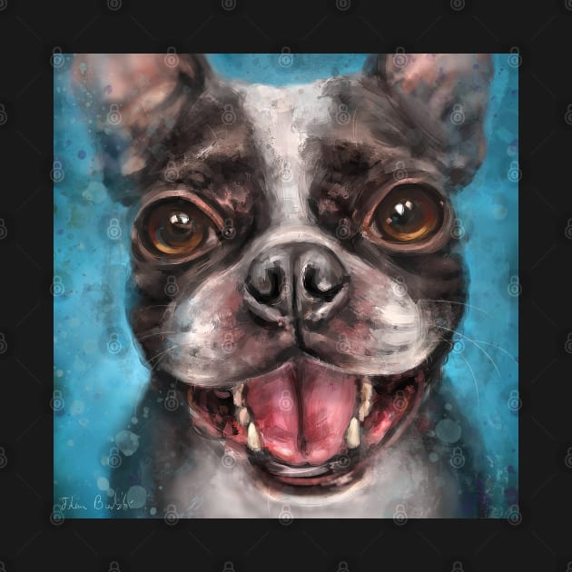 Contemporary Painting of a Young Boston Terrier Smiling on Blue Background by ibadishi