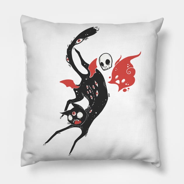 Black Cat Monster With Skull And Ghost Pillow by cellsdividing