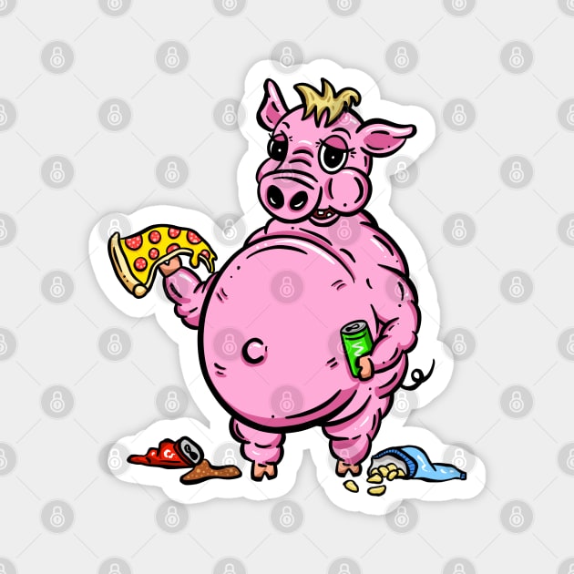 Fat Pig eating Pizza Crisps and Junk Food Logo Mascot Cartoon Magnet by Squeeb Creative