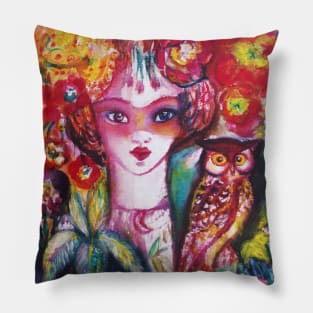 WOMAN PORTRAIT WITH OWL AND RED FLOWERS Pillow