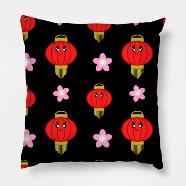 Cute Lantern with Flowers Pattern in Black Background Pillow by Kelly Gigi