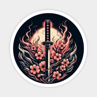 Sakura with katana in flames Magnet