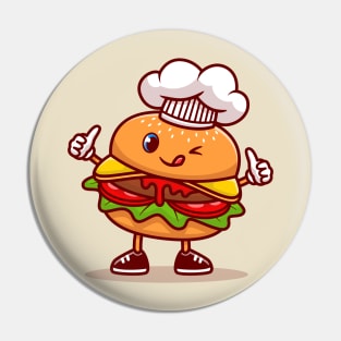 Cute Burger Chef Wearing Cap Cartoon Pin