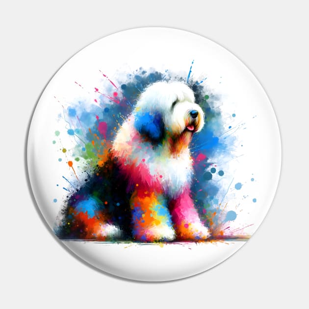Colorful Abstract Old English Sheepdog Splashed Art Pin by ArtRUs