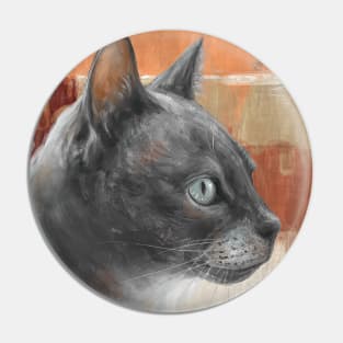 Painting of a Grey Cat with Teal Colored Eyes, in Retro Orange Background. Pin