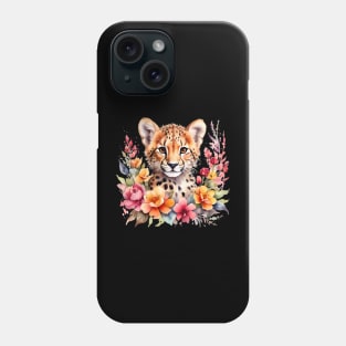 A baby cheetah decorated with beautiful watercolor flowers Phone Case