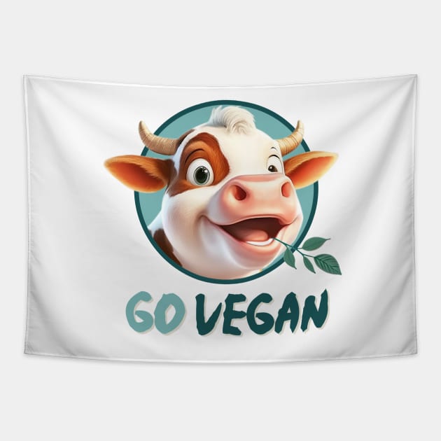 Happy vegan calf, go vegan, against animal torture, no animal cruelty, green stuff in the mouth Tapestry by Shaani