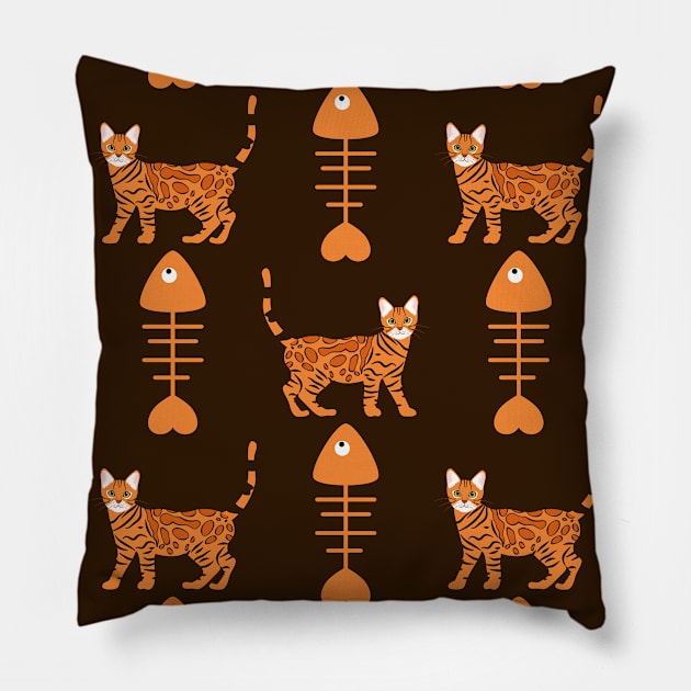 Cute Bengal Cat and Fish Bone Pillow by LulululuPainting