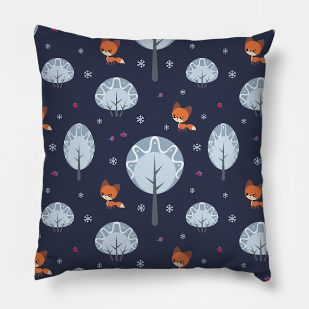 Winter Pattern with Foxes and Birds Pillow by labatchino