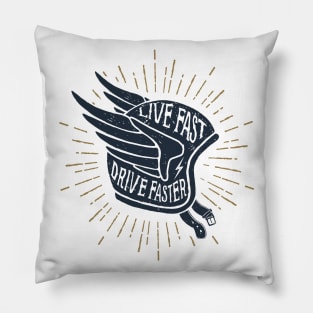 Live Fast. Drive Faster. Helmet With Wings. Motivational Quote Pillow