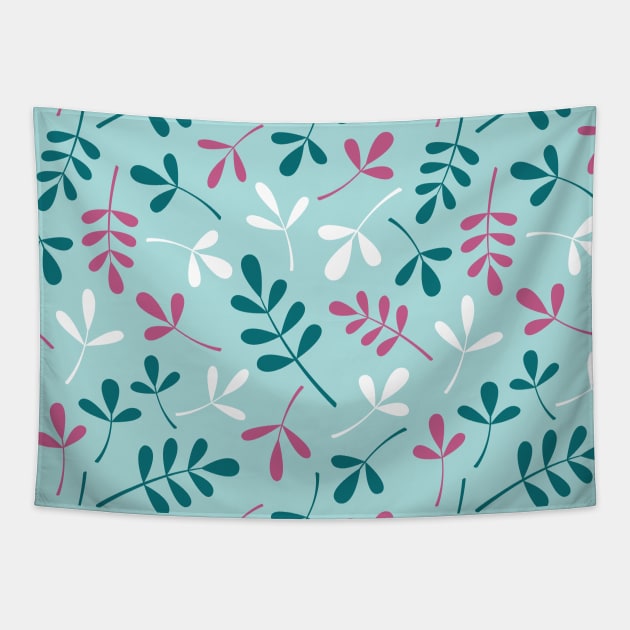 Assorted Leaf Silhouettes Teals Pink White Tapestry by NataliePaskell
