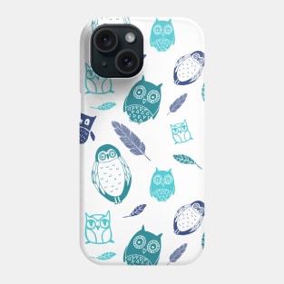 Blue teal owls and feathers Pattern Phone Case