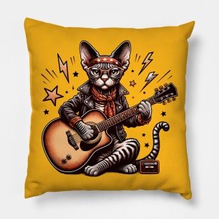 Devon Rex Cat Playing Guitar Pillow