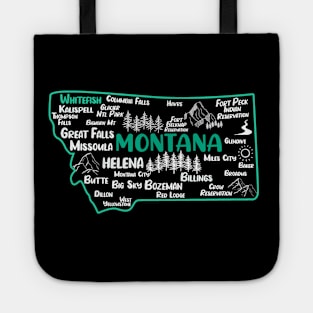 Cute map of Whitefish Montana, Helena, Missoula, Great Falls, Bozemian, Billings, Kalispell, Big Sky Tote