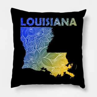 Colorful mandala art map of Louisiana with text in blue and yellow Pillow