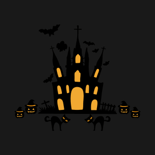 Halloween Pumpkin Black Cat Graveyard Church T-Shirt